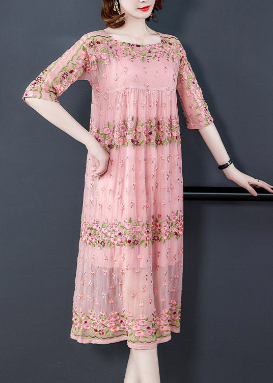 Women Pink O-Neck Embroideried Floral Wrinkled Tulle Dress Half Sleeve