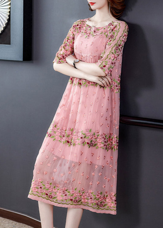 Women Pink O-Neck Embroideried Floral Wrinkled Tulle Dress Half Sleeve