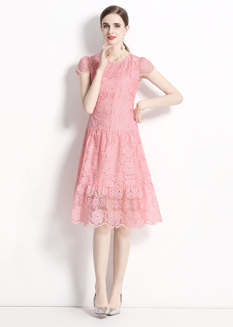 Women Pink O Neck Hollow Out Embroideried Patchwork Lace Dresses Summer