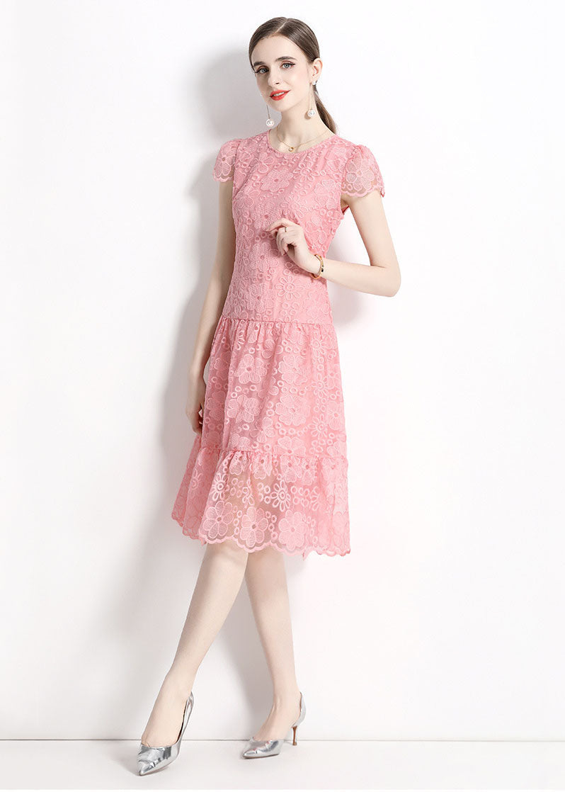 Women Pink O Neck Hollow Out Embroideried Patchwork Lace Dresses Summer
