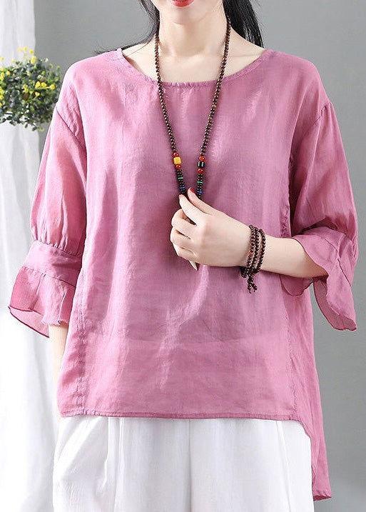 Women Pink O Neck Low High Design Cotton Tops Summer