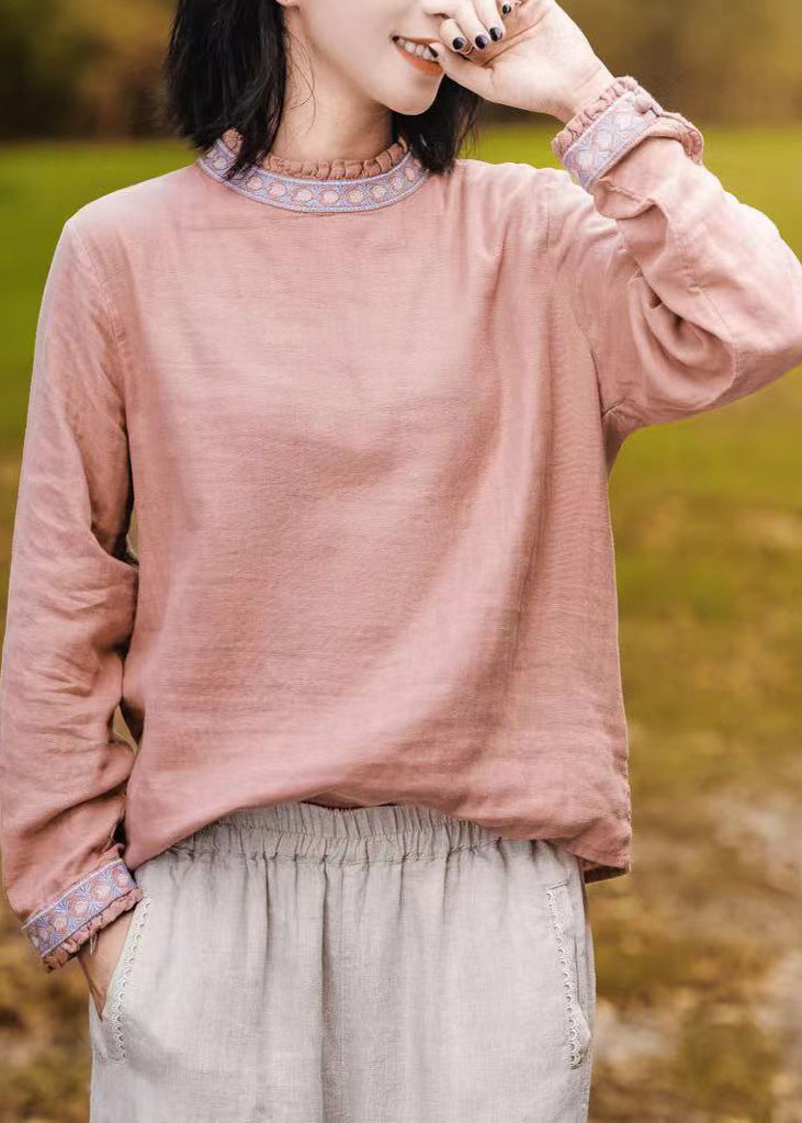 Women Pink O-Neck Ruffled Patchwork Embroideried T Shirt Long Sleeve