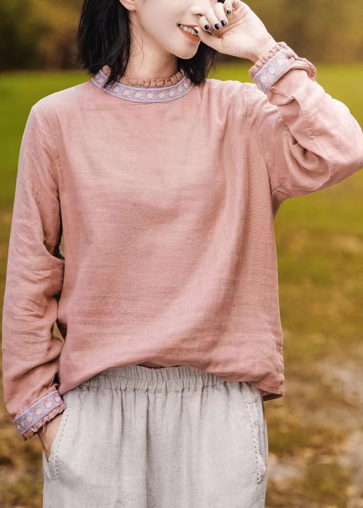 Women Pink O-Neck Ruffled Patchwork Embroideried T Shirt Long Sleeve