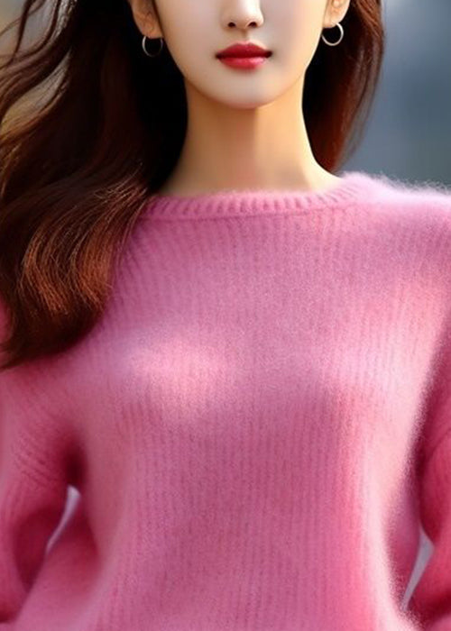 Women Pink O Neck Solid Cotton Knit Sweaters Spring
