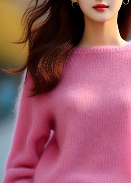 Women Pink O Neck Solid Cotton Knit Sweaters Spring
