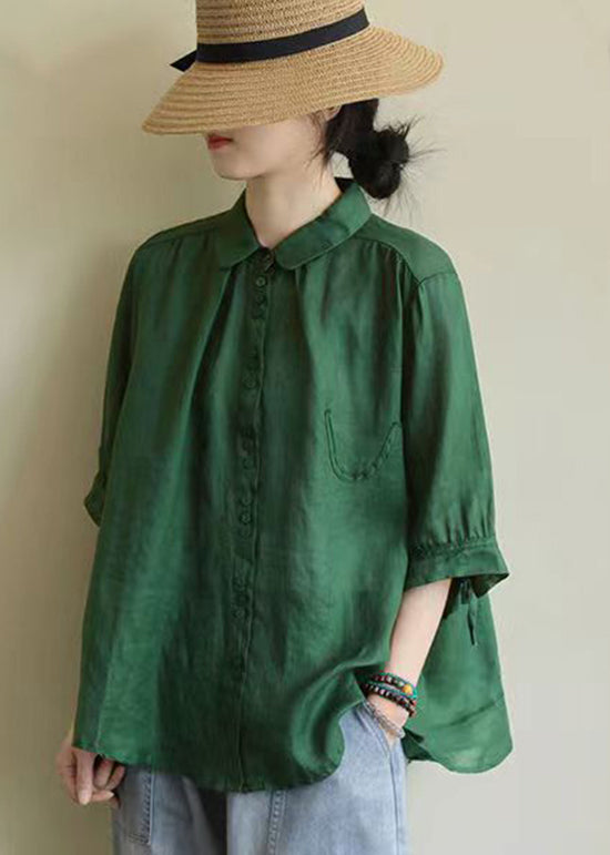 Green Peter Pan Collar Patchwork Cotton Shirt Top Summer