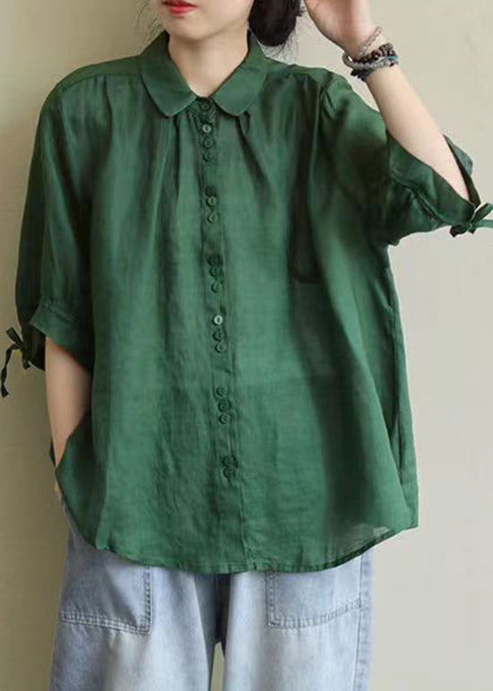 Green Peter Pan Collar Patchwork Cotton Shirt Top Summer