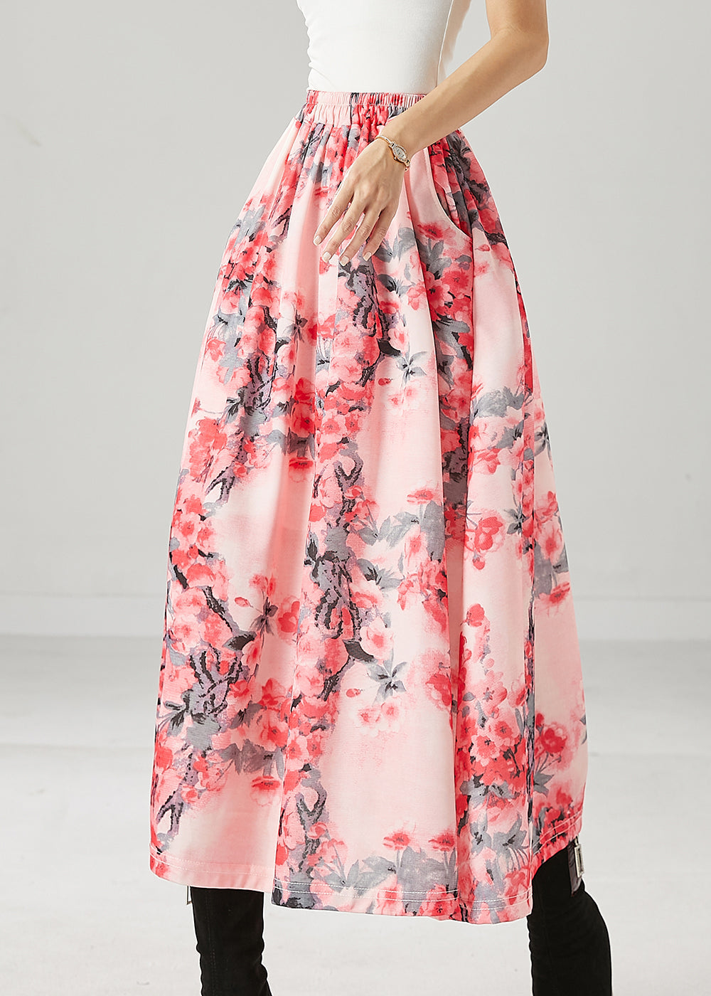 Women Pink Plum Blossom Print Cotton A Line Skirts Spring
