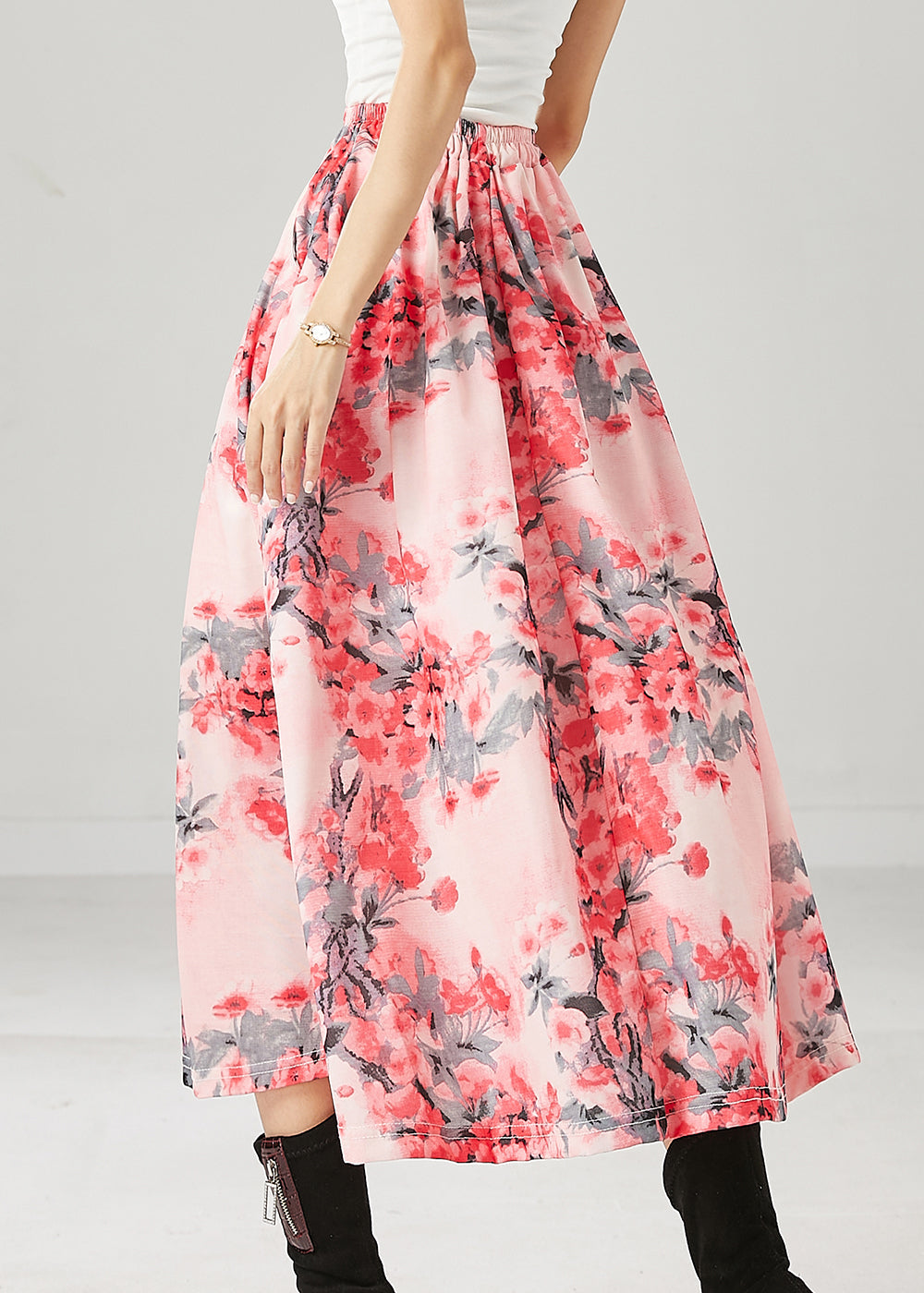 Women Pink Plum Blossom Print Cotton A Line Skirts Spring