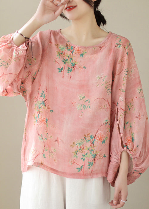 Women Pink Print Button Patchwork Cotton Tops Long Sleeve