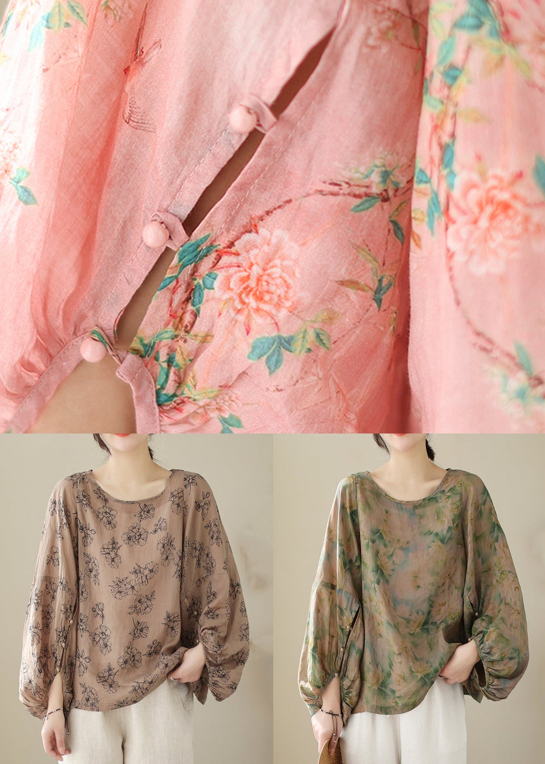 Women Pink Print Button Patchwork Cotton Tops Long Sleeve