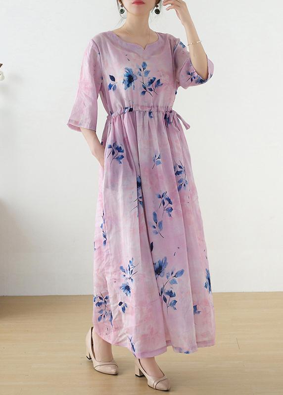 Women Pink Print Tie Waist Maxi Dresses Summer Ramie - Omychic