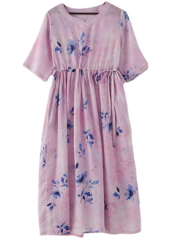 Women Pink Print Tie Waist Maxi Dresses Summer Ramie - Omychic