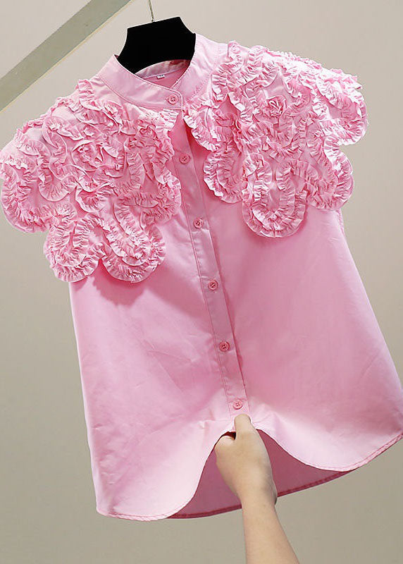 Women Pink Ruffled Patchwork Cotton Shirt Top Sleeveless