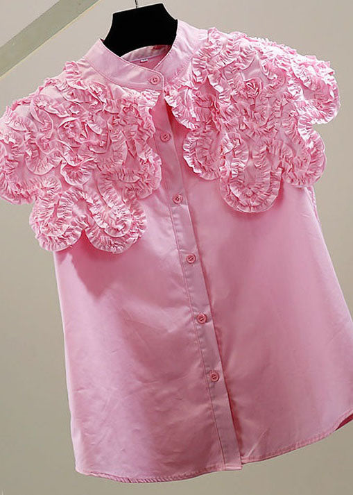Women Pink Ruffled Patchwork Cotton Shirt Top Sleeveless