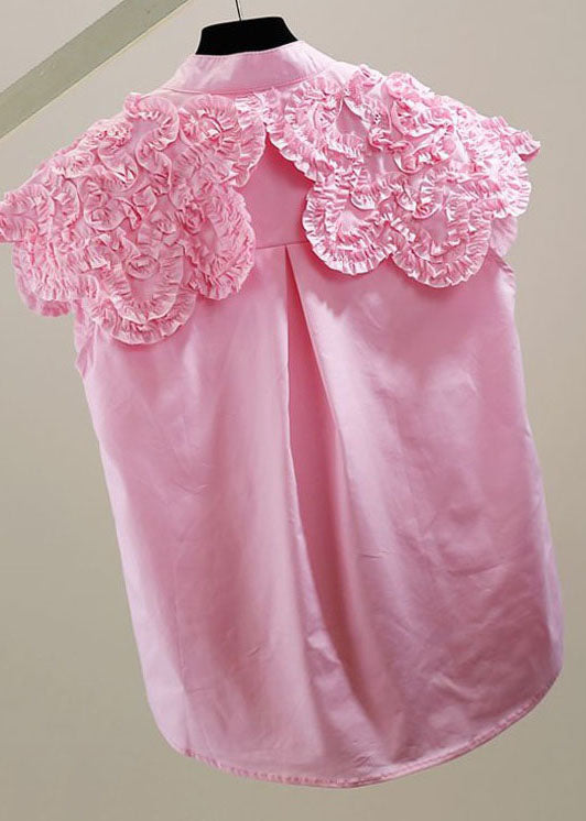 Women Pink Ruffled Patchwork Cotton Shirt Top Sleeveless