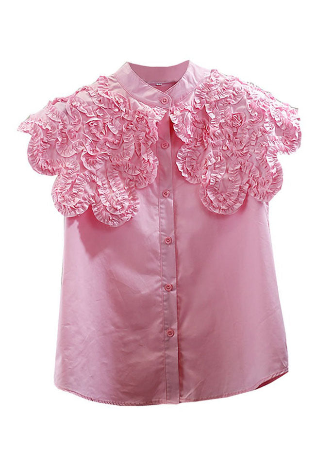 Women Pink Ruffled Patchwork Cotton Shirt Top Sleeveless