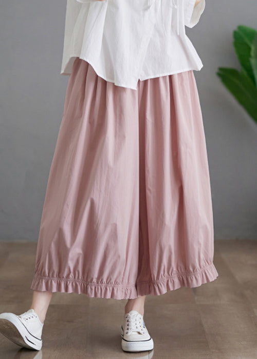 Women Pink Ruffled Pockets Elastic Waist Cotton Pants Skirt Fall