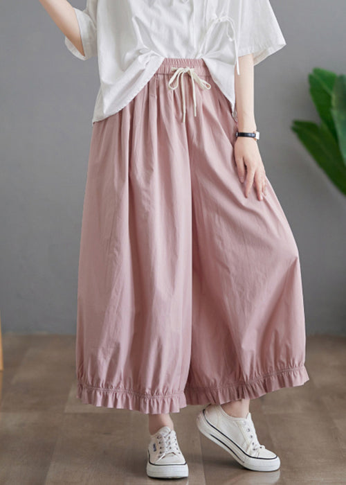Women Pink Ruffled Pockets Elastic Waist Cotton Pants Skirt Fall