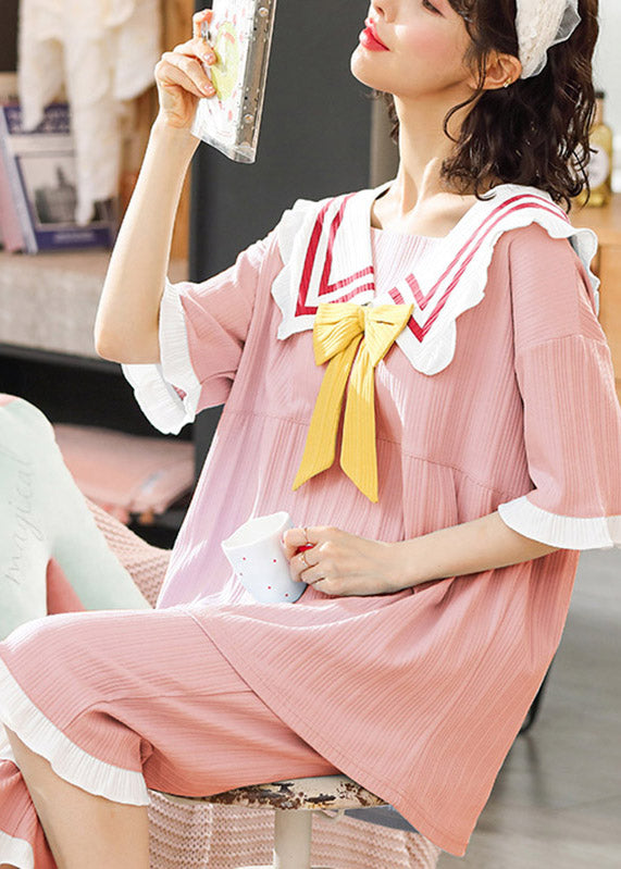 Women Pink Sailor Collar Bow Cotton Pajamas Two Pieces Set Short Sleeve