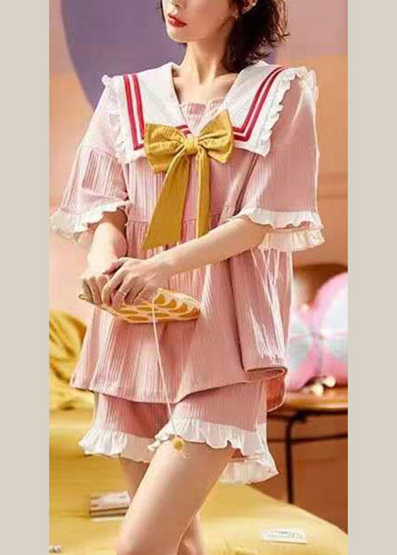 Women Pink Sailor Collar Bow Cotton Pajamas Two Pieces Set Short Sleeve
