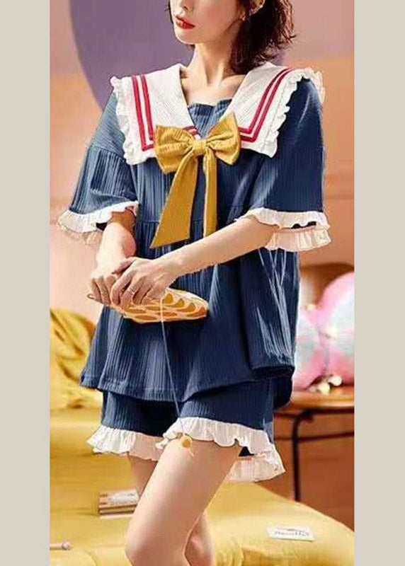 Women Pink Sailor Collar Bow Cotton Pajamas Two Pieces Set Short Sleeve