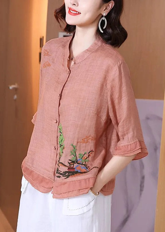 Women Pink Stand Collar Embroideried Floral Button Linen Shirt Half Sleeve