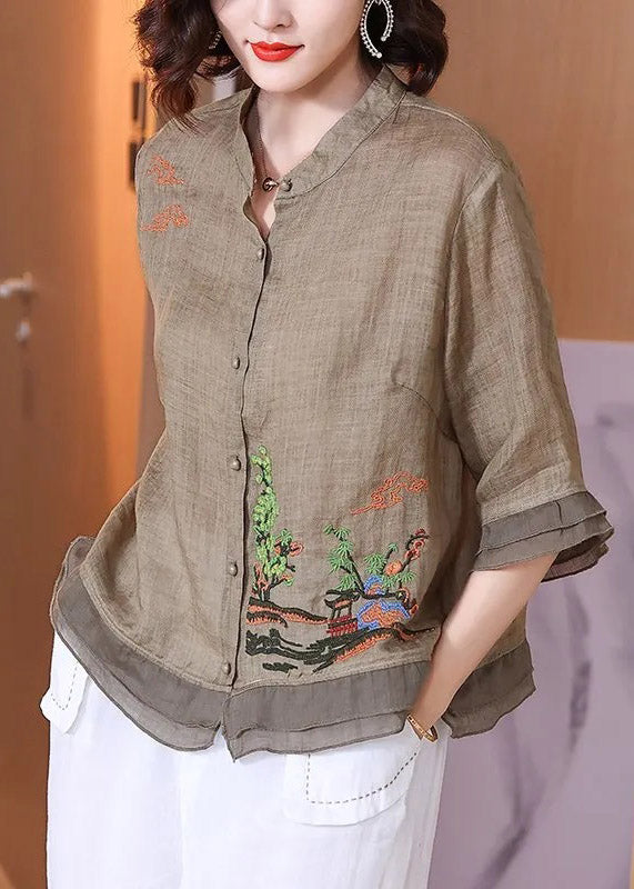 Women Pink Stand Collar Embroideried Floral Button Linen Shirt Half Sleeve