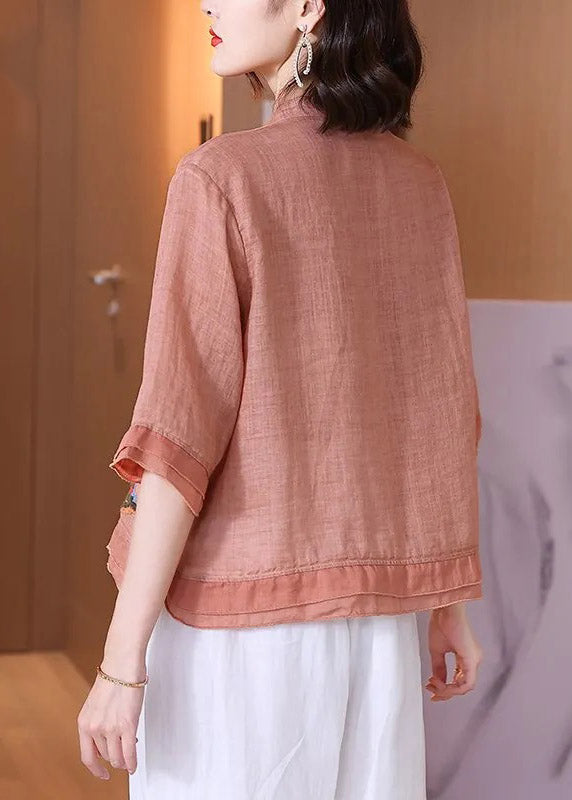 Women Pink Stand Collar Embroideried Floral Button Linen Shirt Half Sleeve