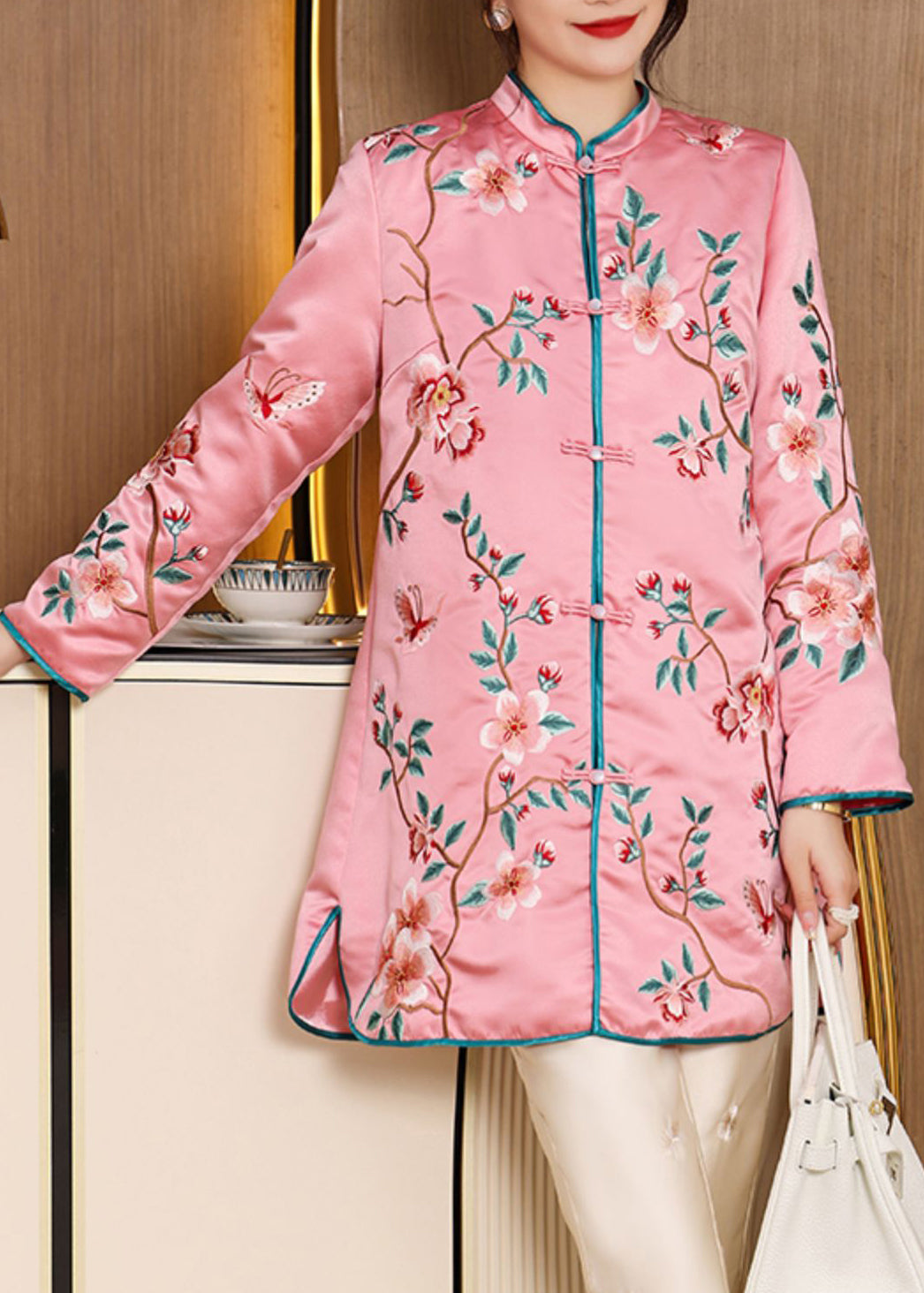 Women Pink Stand Collar Embroideried Floral Side Open Button Silk Long Coats Fall