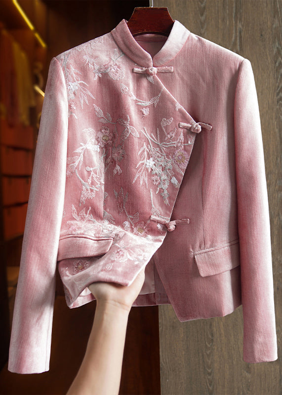 Women Pink Stand Collar Embroideried Sequins Patchwork Cotton Coat Fall