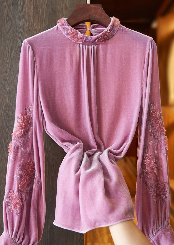 Women Pink Stand Collar Embroideried Velour Top Long Sleeve