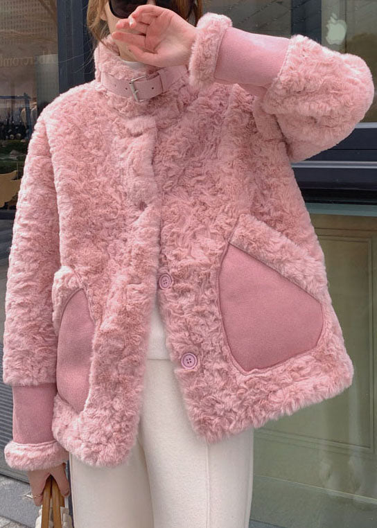 Women Pink Stand Collar Pockets Faux Fur Winter Coats