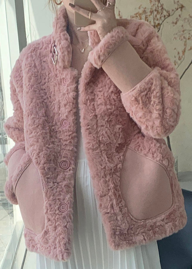 Women Pink Stand Collar Pockets Faux Fur Winter Coats