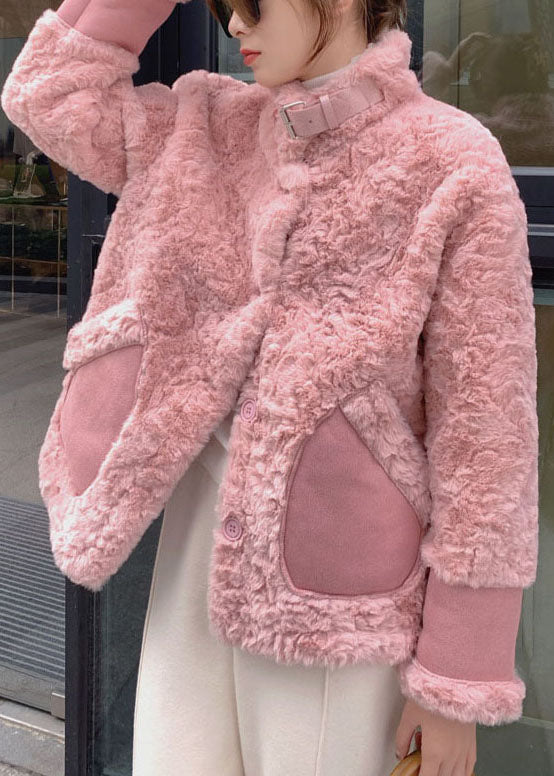 Women Pink Stand Collar Pockets Faux Fur Winter Coats