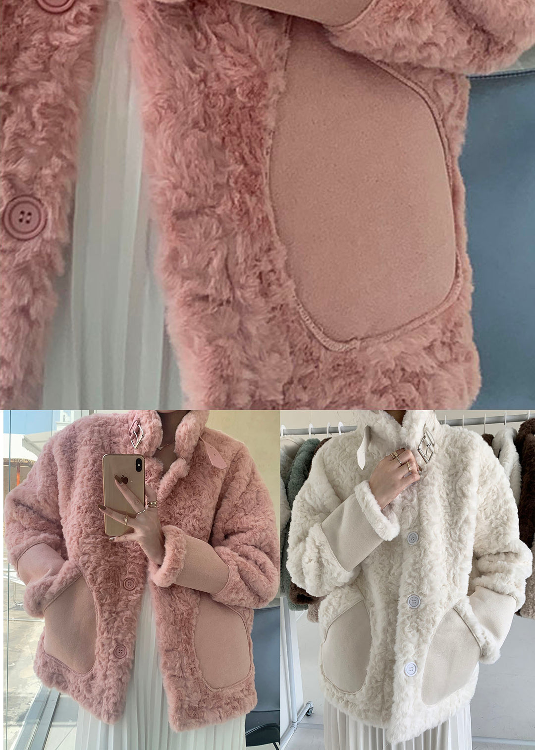 Women Pink Stand Collar Pockets Faux Fur Winter Coats
