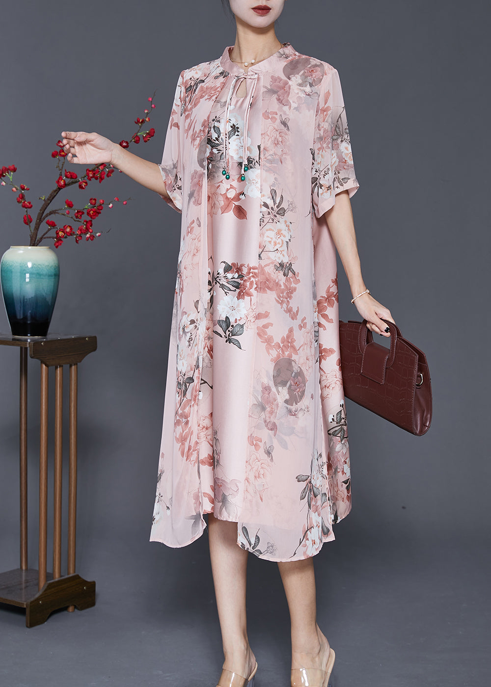 Women Pink Tasseled Print Silk Maxi Dress Summer