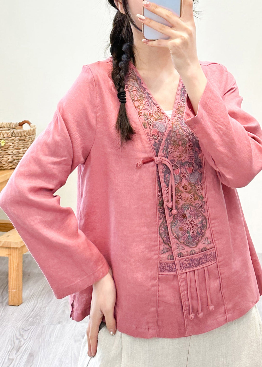 Women Pink V Neck Embroideried Floral Patchwork Linen Shirts Fall