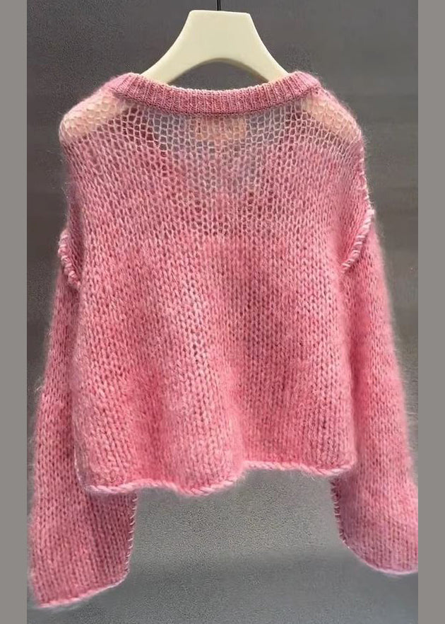 Women Pink V Neck Hollow Out Cotton Knit Sweaters Fall