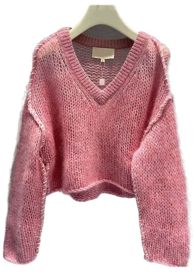Women Pink V Neck Hollow Out Cotton Knit Sweaters Fall