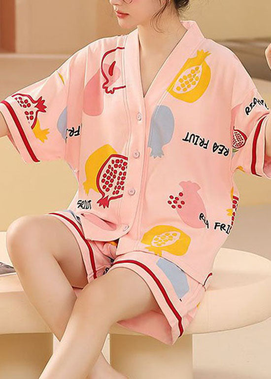 Women Pink V Neck Print Cotton Two Pieces Set Pajamas Summer