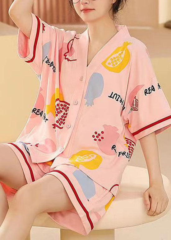 Women Pink V Neck Print Cotton Two Pieces Set Pajamas Summer