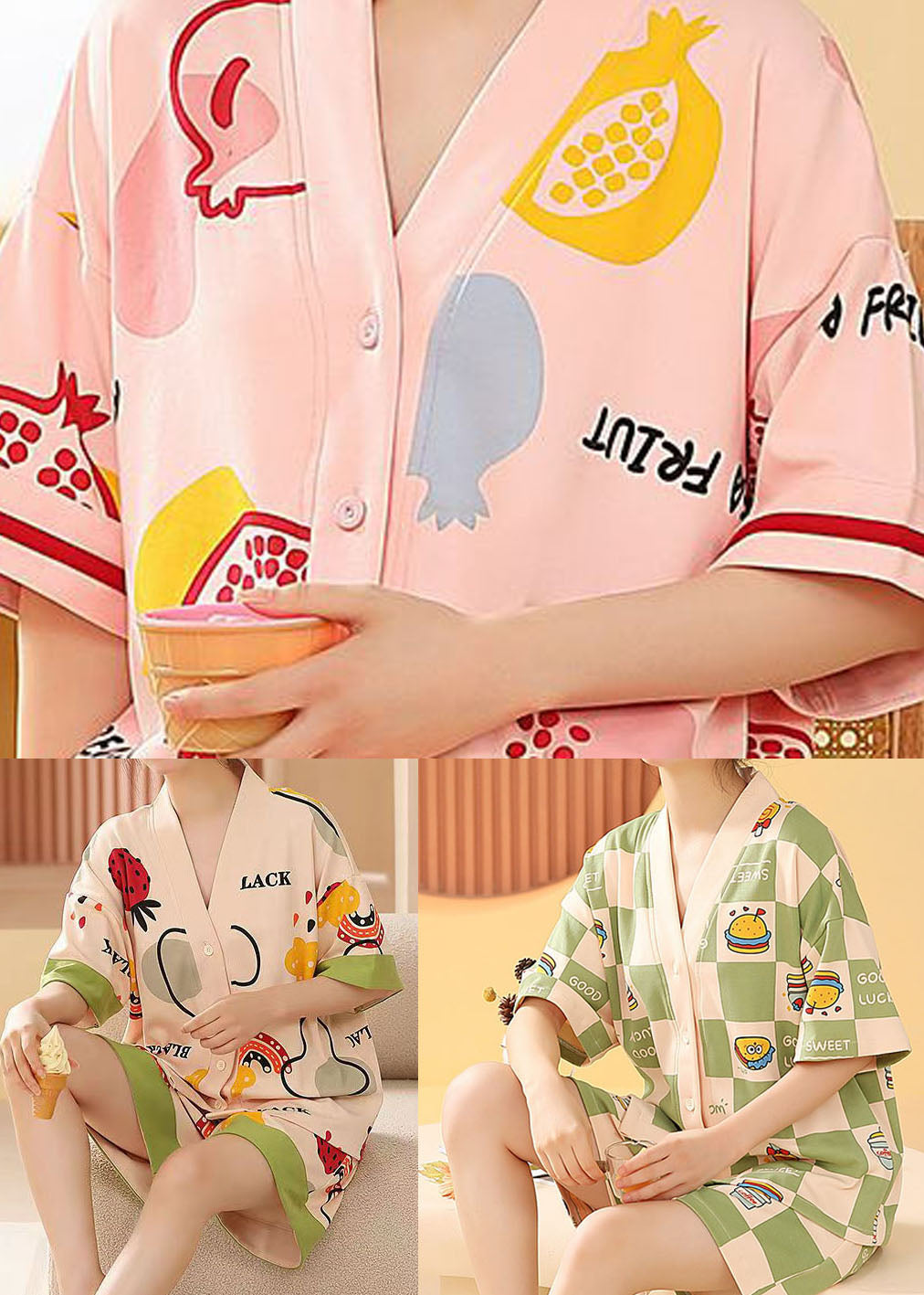 Women Pink V Neck Print Cotton Two Pieces Set Pajamas Summer