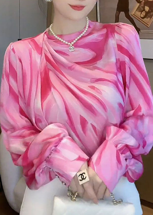 Women Pink V Neck Wrinkled Patchwork Print Silk Shirts Top Spring