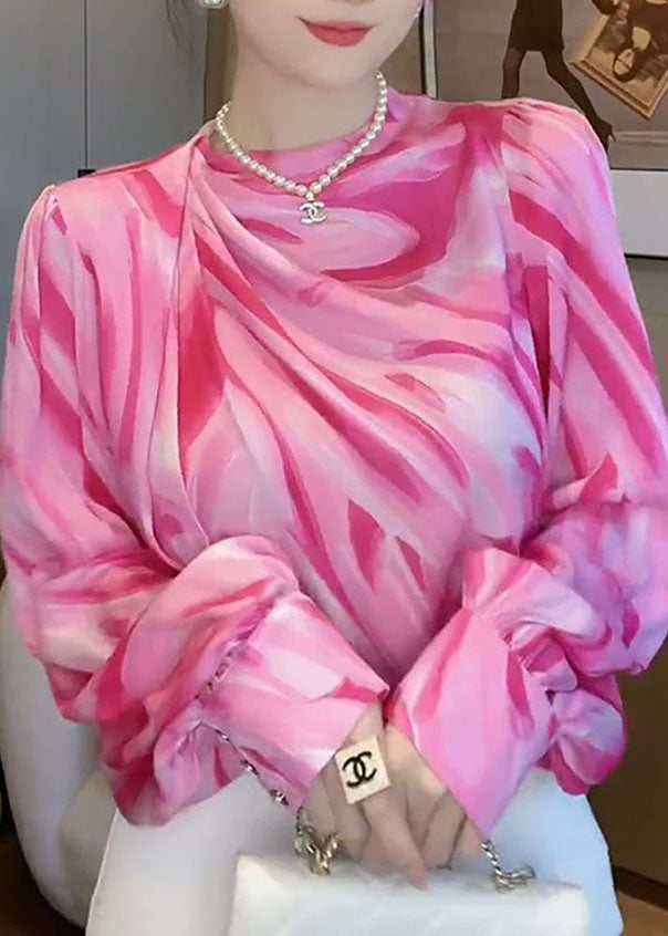 Women Pink V Neck Wrinkled Patchwork Print Silk Shirts Top Spring - Omychic