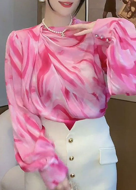 Women Pink V Neck Wrinkled Patchwork Print Silk Shirts Top Spring - Omychic
