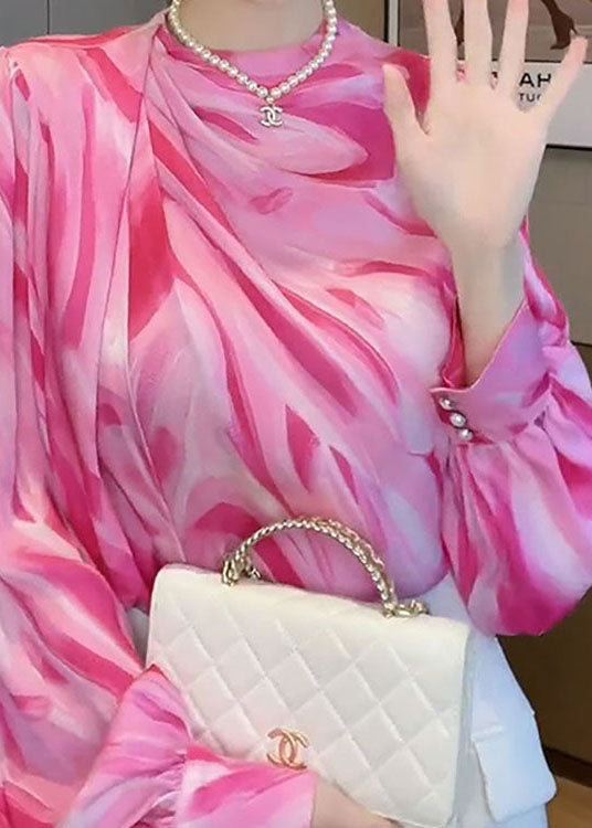 Women Pink V Neck Wrinkled Patchwork Print Silk Shirts Top Spring - Omychic