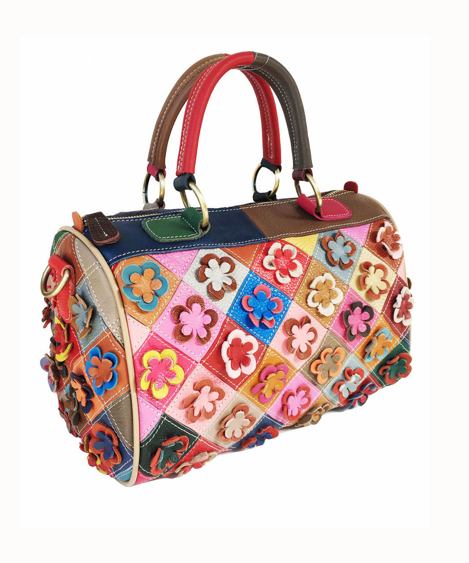 Women Plaid Floral Patchwork Calf Leather Tote Handbag