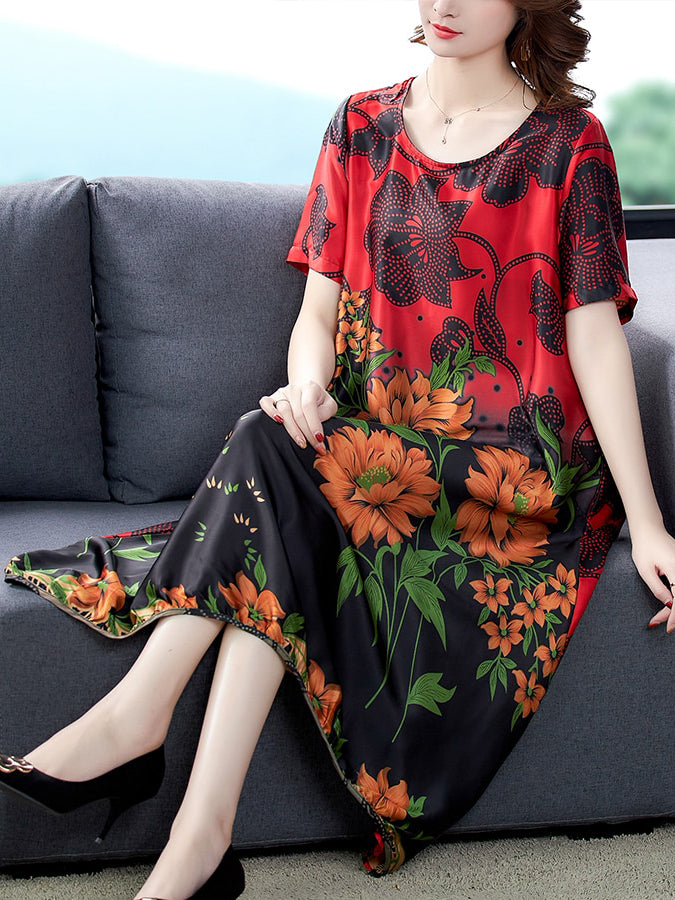 Women Plus Size Loose Silk Flower Print Dress