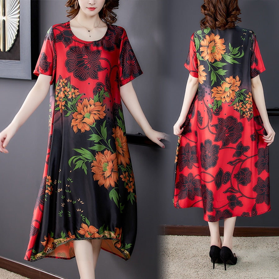 Women Plus Size Loose Silk Flower Print Dress